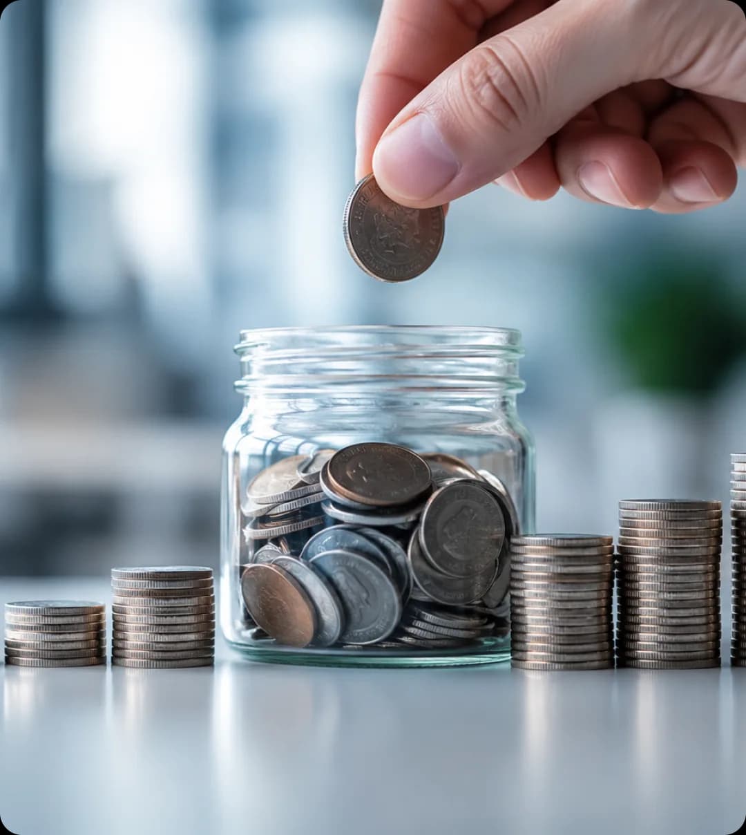 A hand dropping a coin into a jar beside rising stacks of coins